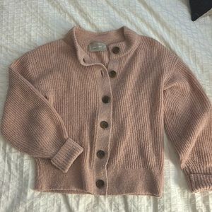 Everlane alpaca cardigan with oversized buttons in dusty rose pink